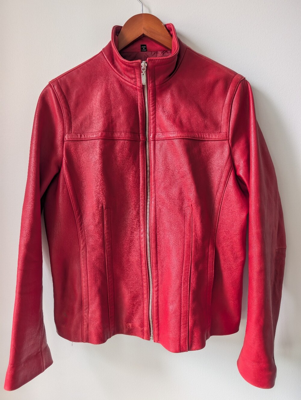 Jones New York Red Genuine Leather Jacket Size L Belted Back Zip-Up